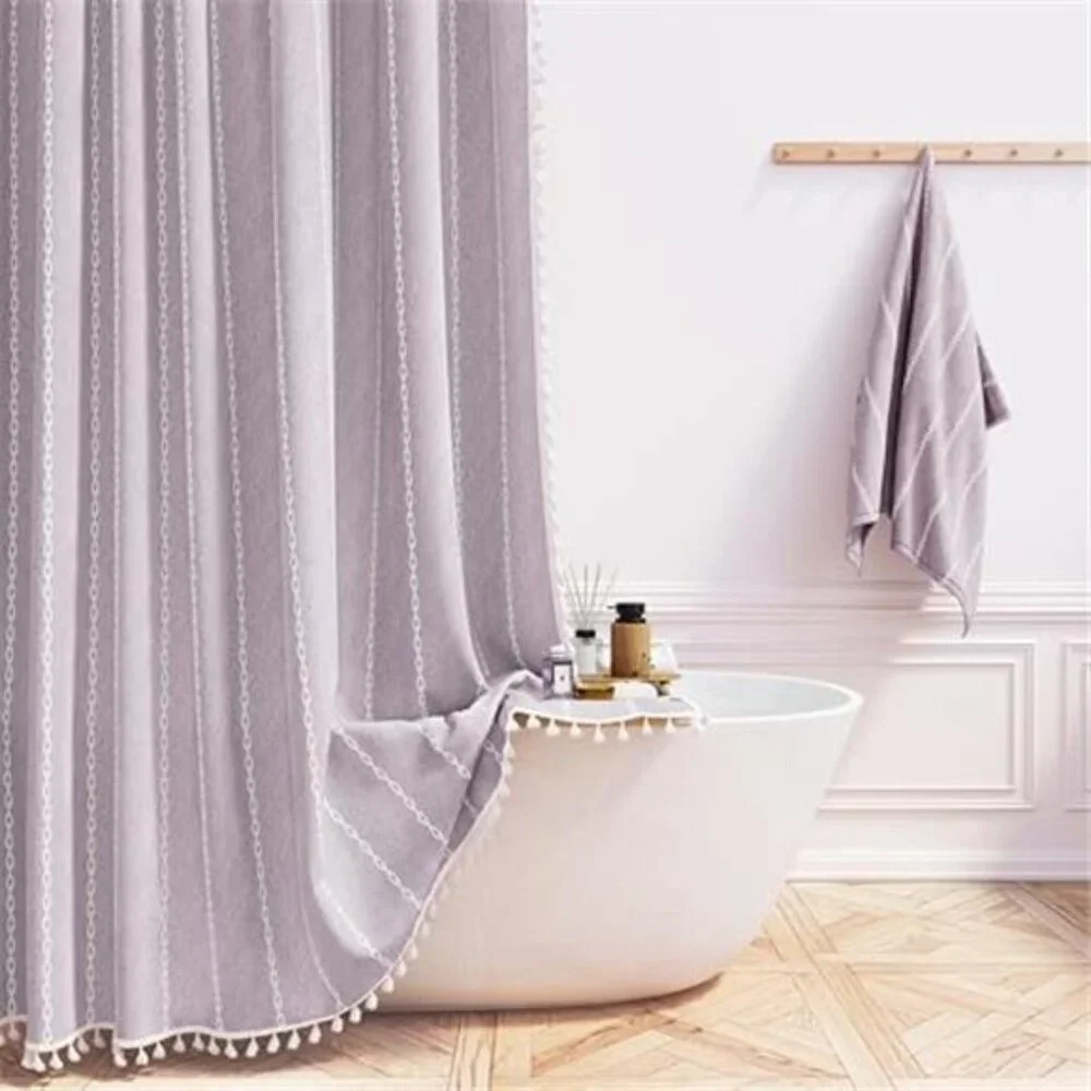 Boho Shower Stall Curtain - 36x72 Narrow Linen Thick Striped Tassel Fabric